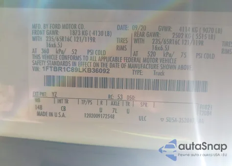 2020 Ford Transit-250 z USA, uszkodzony, nr VIN 1FTBR1C89LKB36092